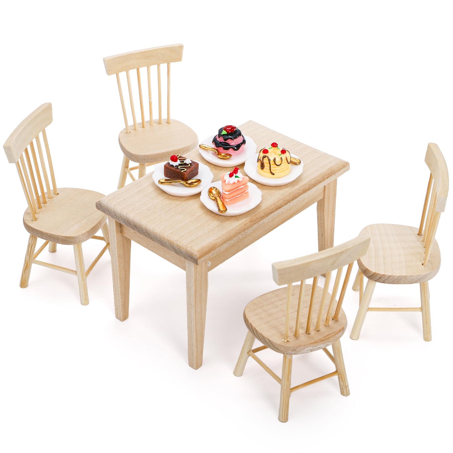 Nicunom Dollhouse Dining Room Furniture Set, 1/12 Scale Miniature Table and 4 Chairs, Wooden Doll House Accessories