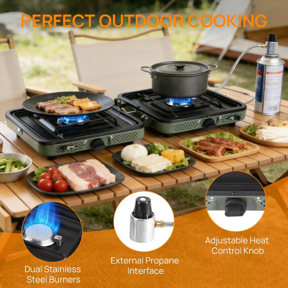 FGY 2 Burner Portable Gas Stove, 17,200 BTU Portable Folding Camp Stove,Dual gas stove with portable handle and Carrying Bag,Adjustment Burner & Piezo Ignition for Camp Cooking,Outdoor (Green）