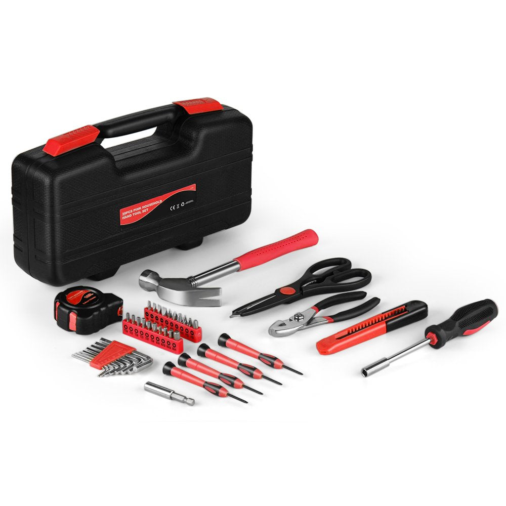Flexzion 39 Piece Hand Tool Kits with Case - Compact Tool Kit for Handyman, Homeowners DIY - Household Tool Kit for Home with Portable Basic Tool Set Case, Red