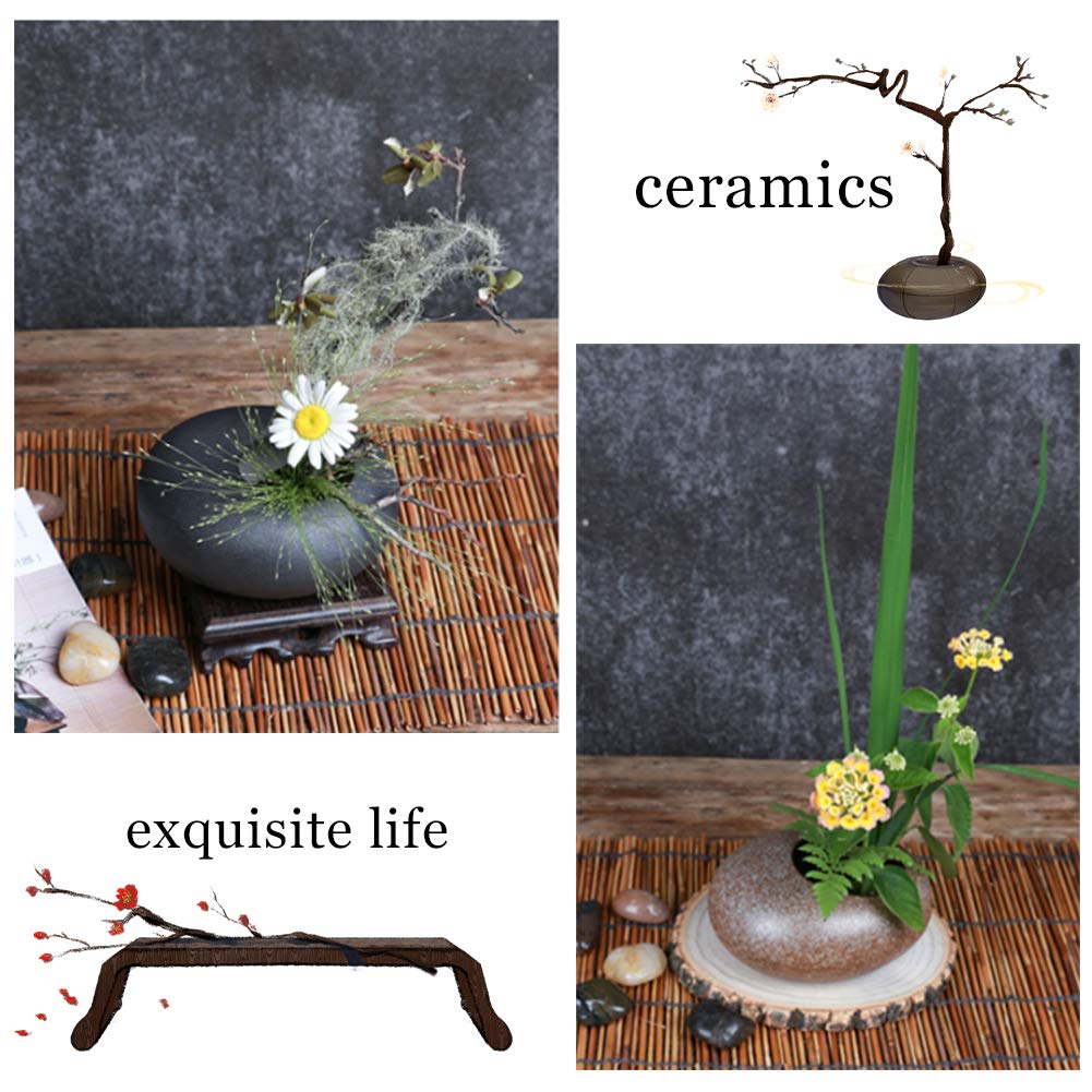 WANDIC Ikebana Flower Arrangement Vase Kit, Black Pebble Ceramic Planter Pot with 4cm Kenzan Flower Frog Pottery Floral Arranging Pin Needle Holder for Floral Art Desk Office Decoration