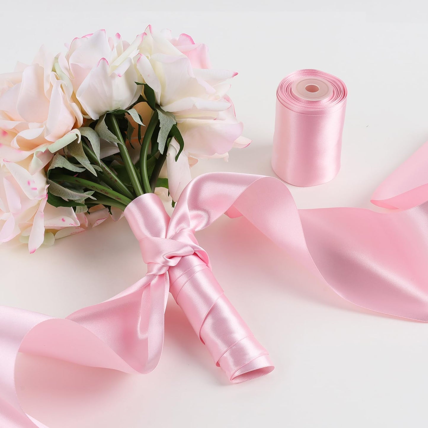 LaRibbons Light Pink Satin Ribbon 4 Inch x 10 Yards Continuous Light Pink Ribbon for Flower Bouquet, Chair Sashes, Garland, Gift Wrapping, Christmas Decor, Craft Project