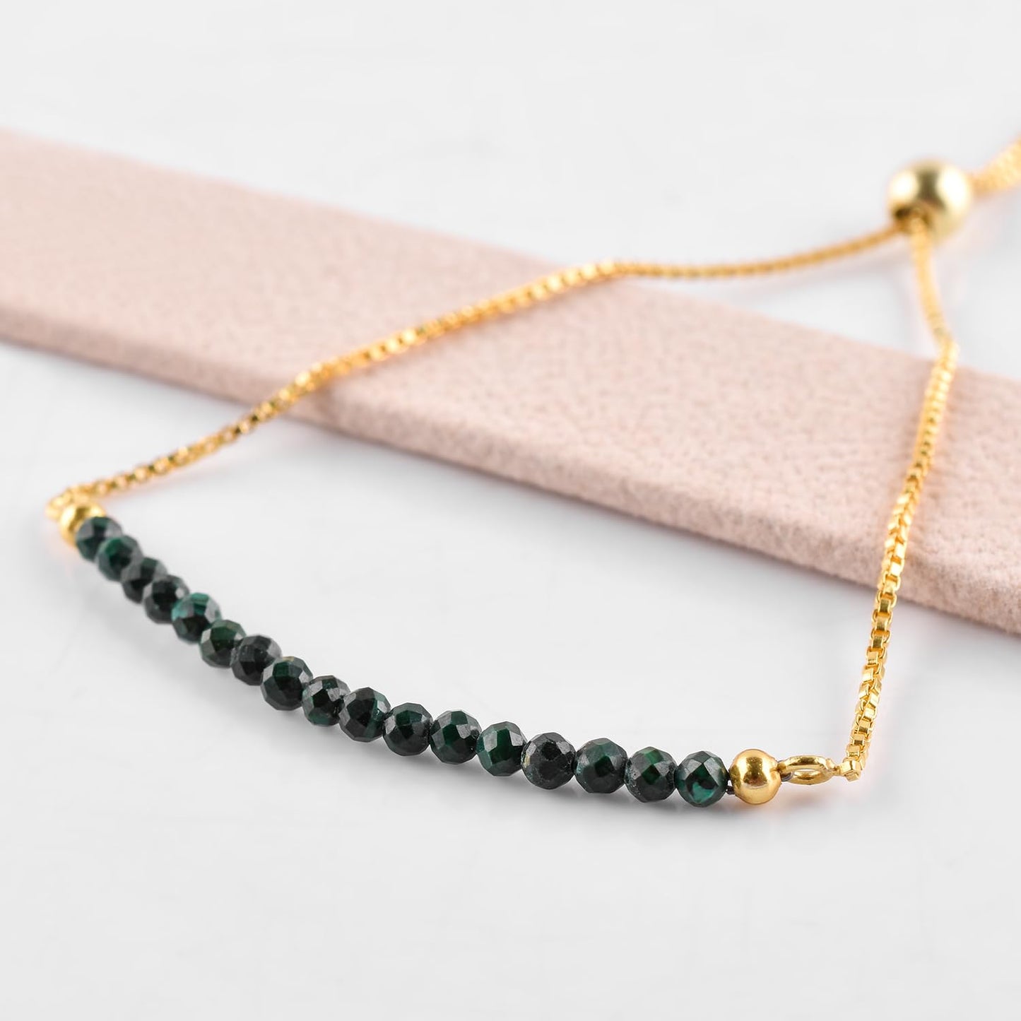 InfinityGemsArt Malachite Bracelets For Women, Natural Birthstone Jewelry, Micro Green Beads Beaded Stone Bolo Slider Crystals Gemstones, 14K Gold Plated Adjustable Chain, Valentines Day Gifts For Her