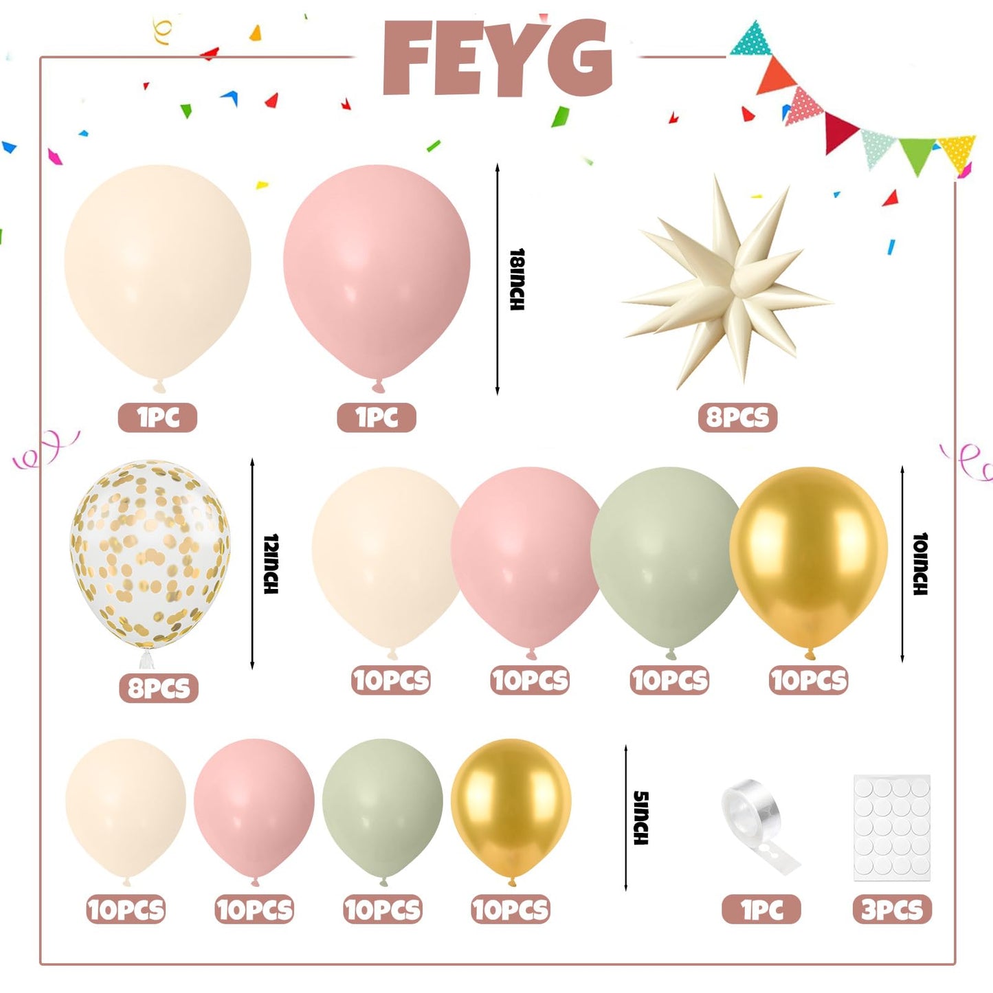 Sage Green Pink Balloon Arch Garland Kit, Sage Green Pink Sand White Beige Balloons with Gold Confetti Balloon Star Balloons for Jungle Safari Bridal Baby Shower Birthday Party Decoration