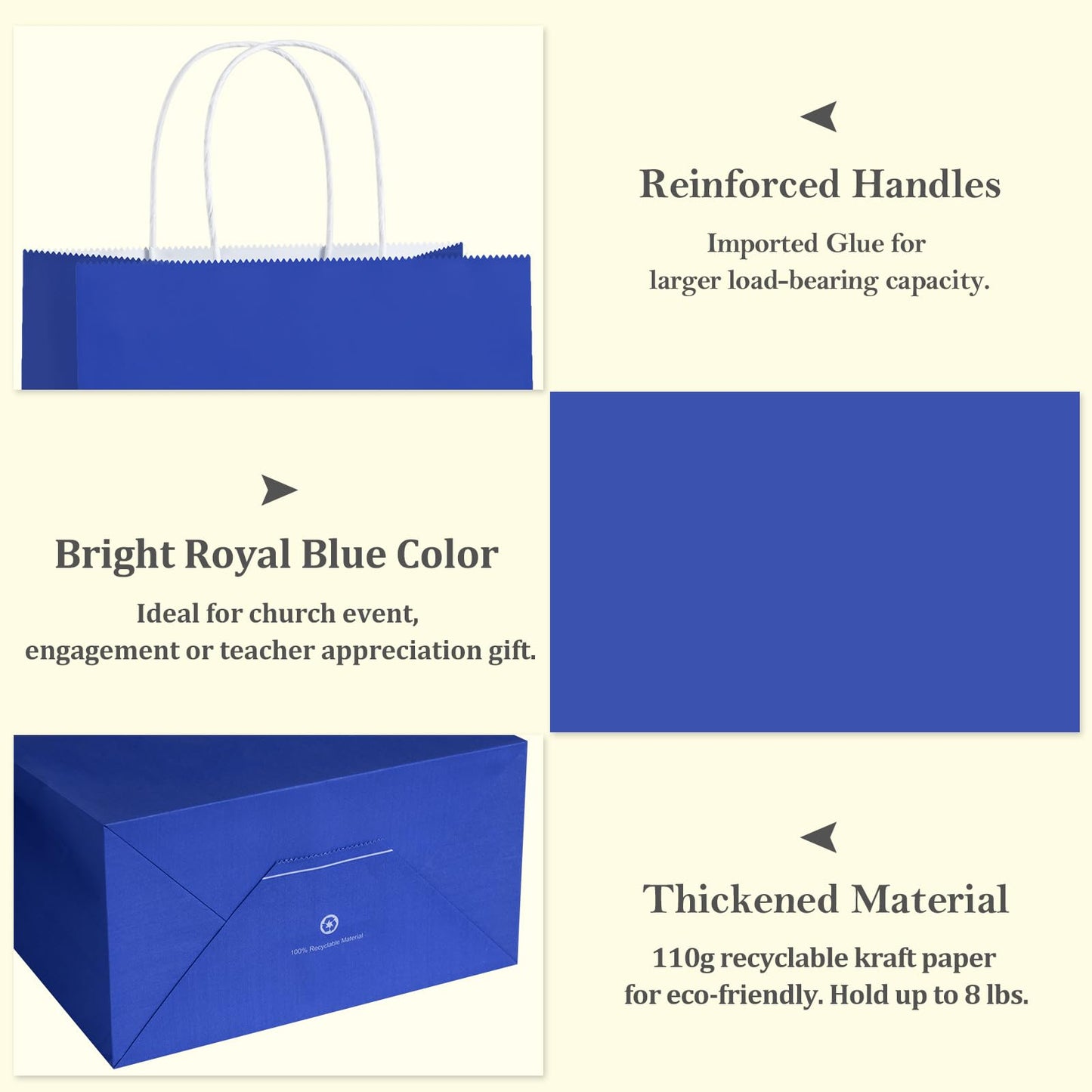BagDream Royal Blue Gift Bags Medium Size 8x4.25x10.5 Kraft Blue Paper Bags with Handles Bulk 100Pcs for Wedding, Party Favors, Business, Retail, Grocery Paper Gift Sacks