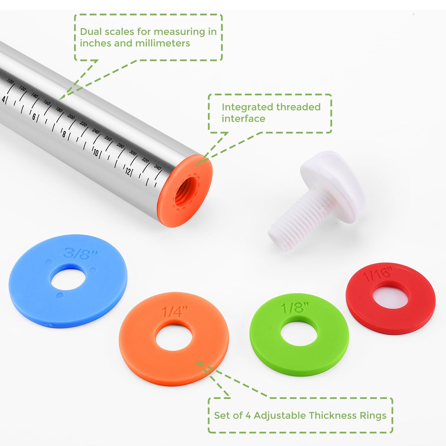 Rolling Pin with Adjustable Thickness Rings and Silicone Baking Pastry Mat Set for Baking,Stainless Steel Dough Roller,Baking Supplies for Cookie Fondant Pizza Cake Pasta(Red)