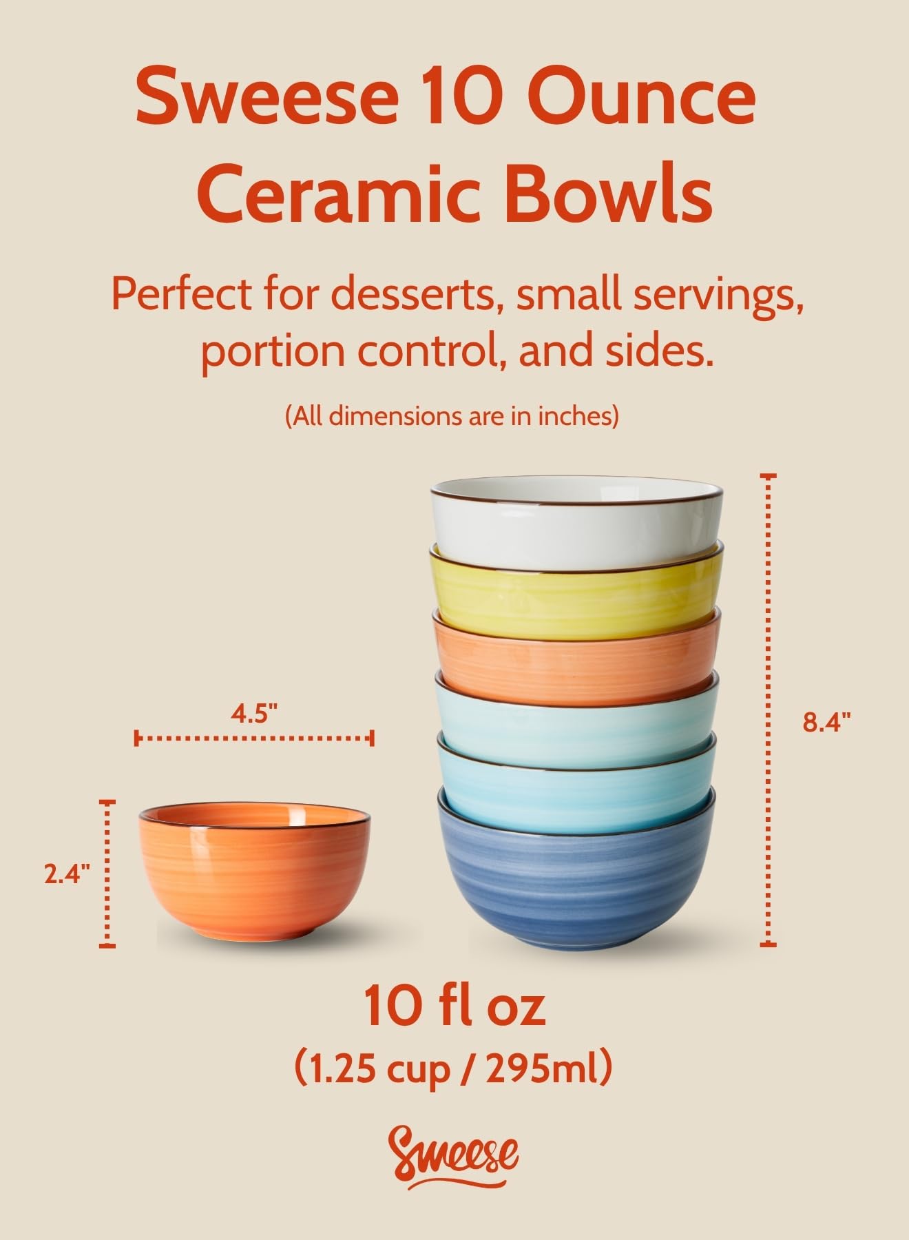 Sweese 10 Oz Ceramic Ice Cream Bowls, Set of 6 - Multicolor Dessert, Cereal, Soup Bowls, Dishwasher Microwave Safe