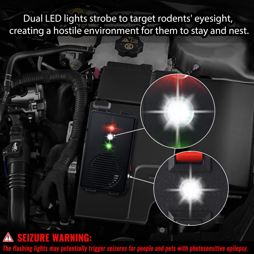 Under Hood Animal Car Repeller Battery Operated Rodent Electronic Repellent Ultra Sonic Rat Strobe Light Mouse Repelling Device for Pest in Car 2 Pack