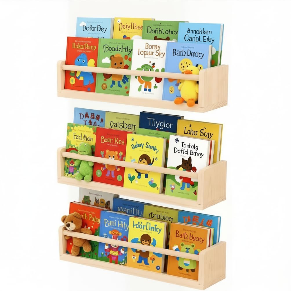 Esonal Natural Wood Nursery Floating Shelves Set of 3– Wall Mounted Kids Bookshelf & Toy Organizer – 16 Inch Rustic Pine Hanging Display Book Shelves for Bedroom, Playroom, and Baby Decor