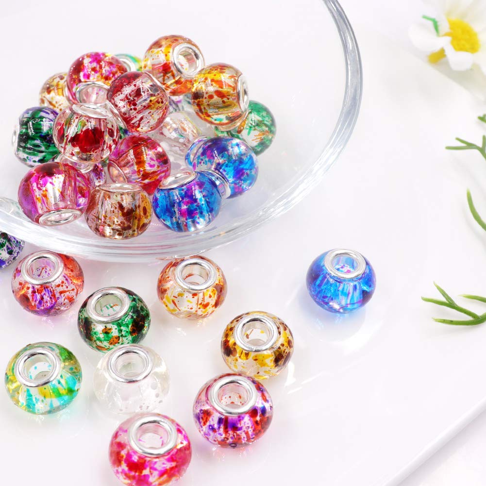AIPRIDY 100Pcs 15x11mm Painting Murano Large Hole Glass Beads Mix Color with Silver Brass Cores European Charm fit Bracelet Necklace (Paint Splatter Glass)