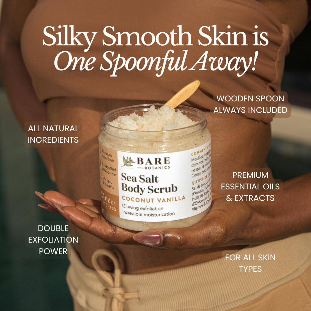 Bare Botanics Body Scrub 24 oz - Naturally Scented Salt Scrub Made in Madison WI - Formulated w/Skin Loving Moisturizers - Cruelty Free Exfoliator w/a Cute Wooden Spoon - Himalayan Lavender Citrus