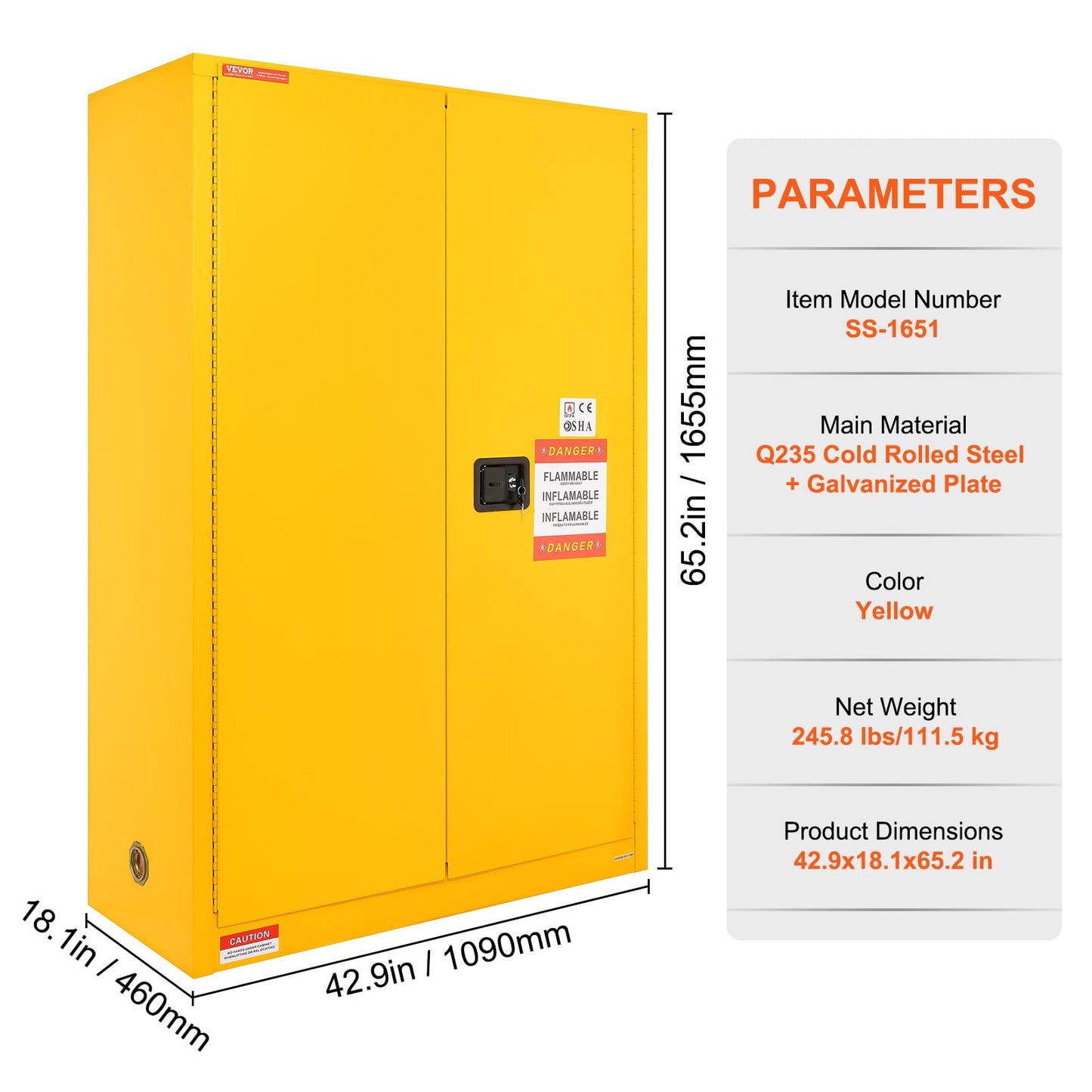 VEVOR Flammable Cabinet 18" x 43" x 65", Cold-Rolled Steel Flammable Liquid Storage Cabinet, 45 Gal in Explosion Proof with 2 Adjustable Shelves 2 Manual Doors for Industrial Use, Yellow