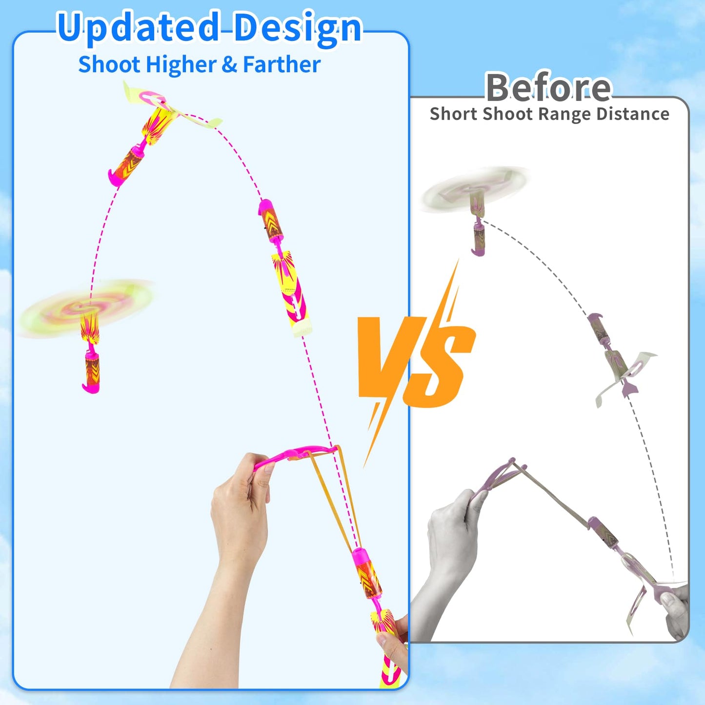 Ynybusi 50 Pcs Slingshot Flying Toys with Led Lights,25 Pcs LED Arrow Helicopters + 25 Pcs Launchers,Summer Outdoor Game Glow in The Dark Party Supplies Party Favors for Kids 4-8,8-12 Bulk Toys