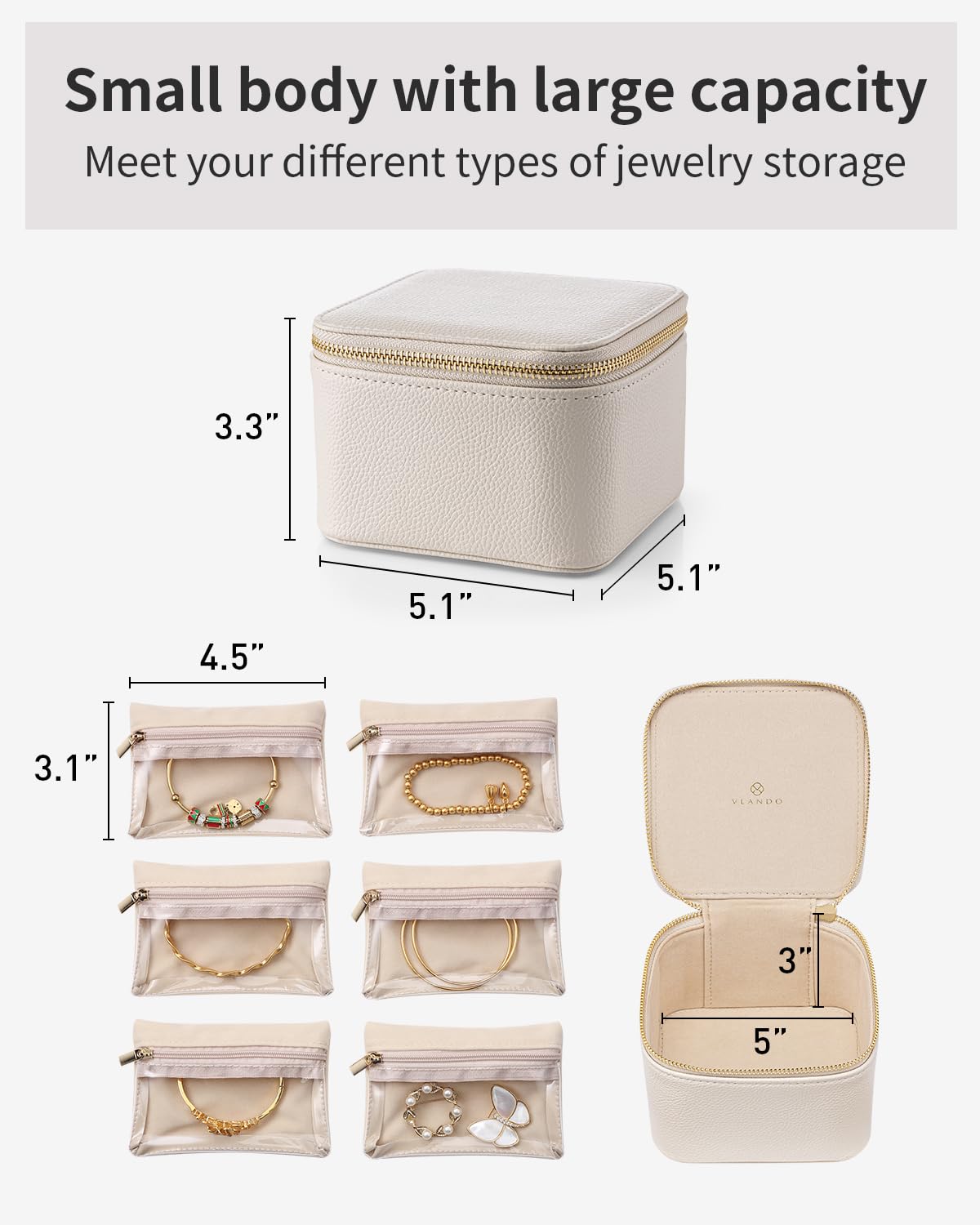 Vlando Small Jewelry Box Organizer,Travel Jewelry Storage with 6 Velvet Jewelry Zipper Pockets,Premium Petal Hardware Jewelry Case for Women Girls Valentines Day Gifts for Self (White)