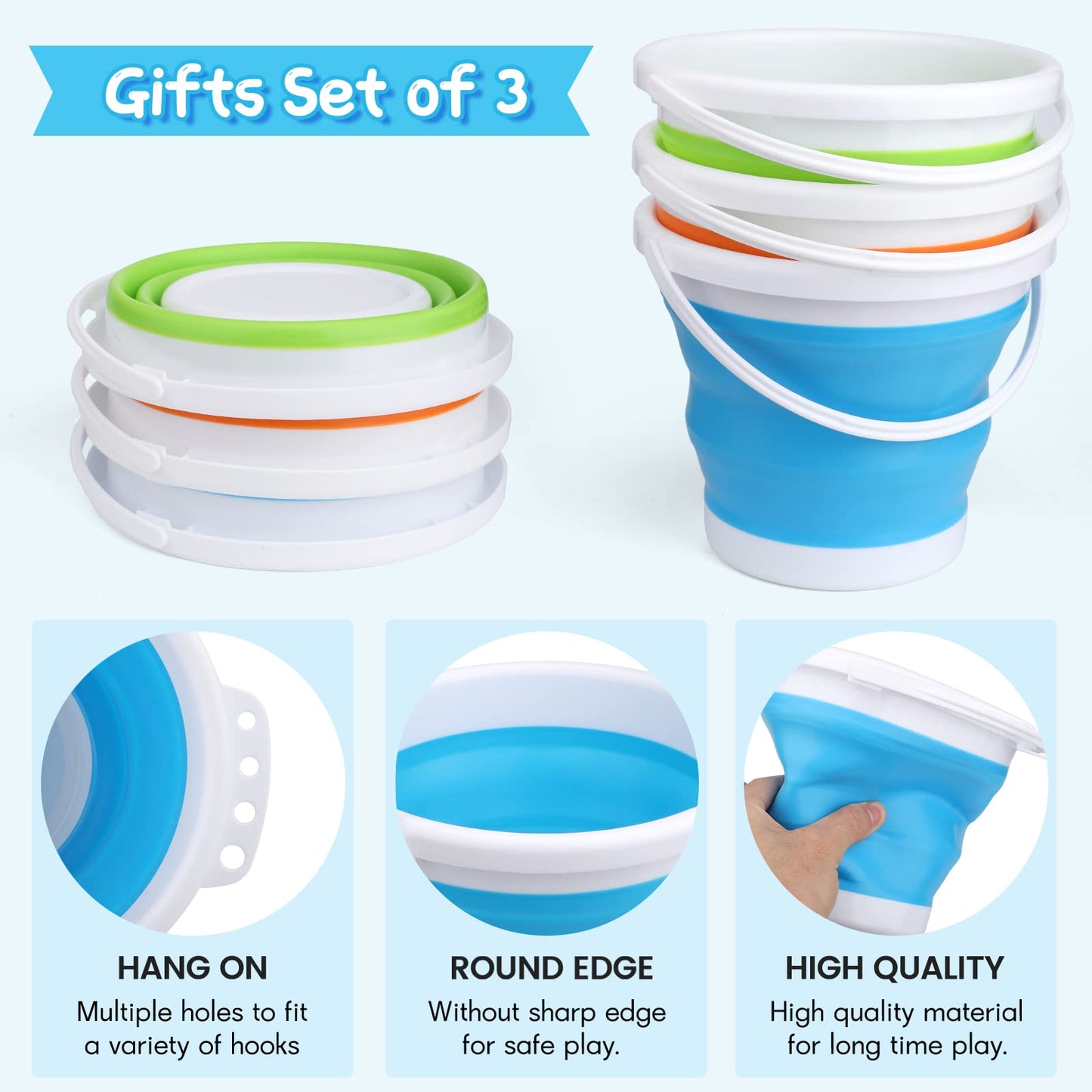 Silicone Beach Foldable Buckets Toys Halloween Bucket, 3L Jumbo Sand Pails Bucket Set with Mesh Bag, Swimming Pool Toys for Kids Adults, Gift Set for Gardening, Travel, Fishing, Cleaning, Camping