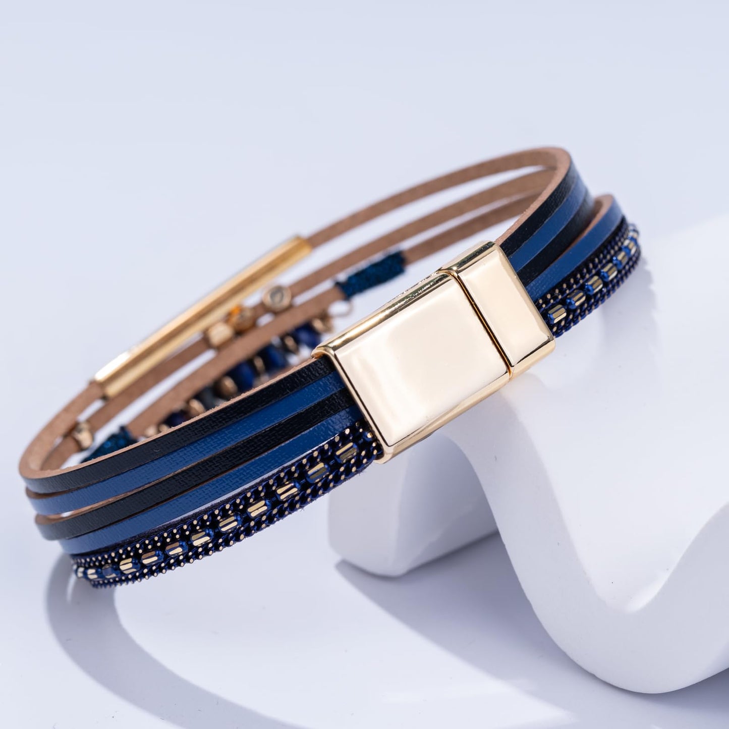 Becklynn Boho Gemstone Beaded Leather Wrap Bracelets Stackable Chunky Cuff Bracelet Western Jewelry Hippie Cowgirl Cowboy Accessories Country Concert Outfits for Women(Navy Blue)
