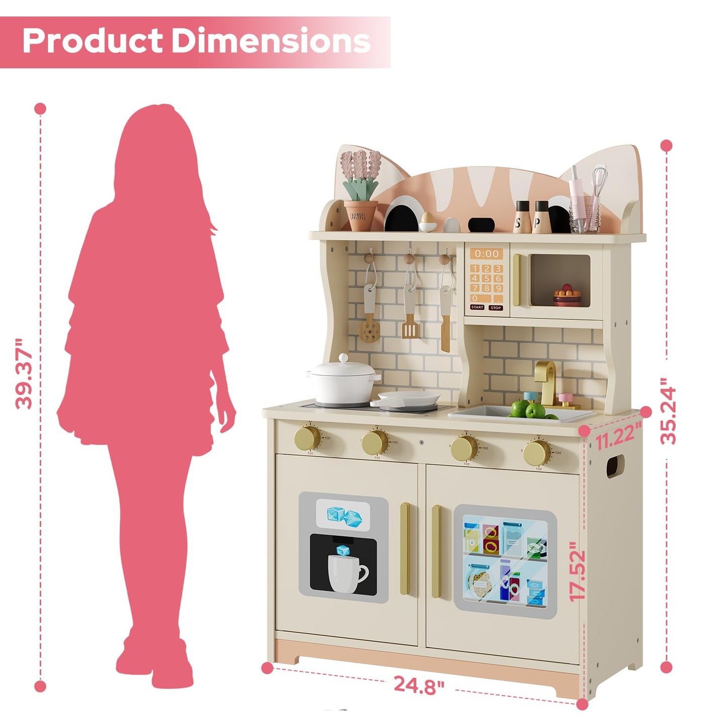 Wooden Play Kitchen for Ages 3-8 Babies, Cat Design Kitchen Playset with Microwave, Stove, Sink, Clicking Knobs, Kids Children Pretend Toy for Boys Girls, White