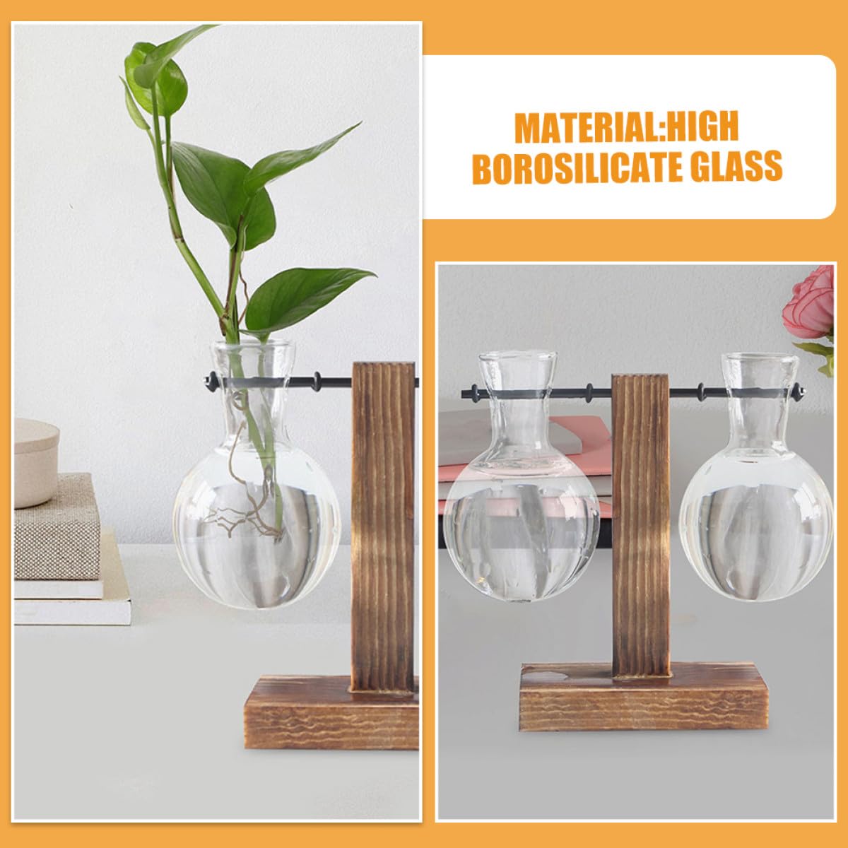 ARTIBETTER 3Pcs High Borosilicate Glass Hydroponic Vase with Holes on Wooden Stand, Desktop Glass Flower Planter for Plant Propagation and Terrarium Arrangement