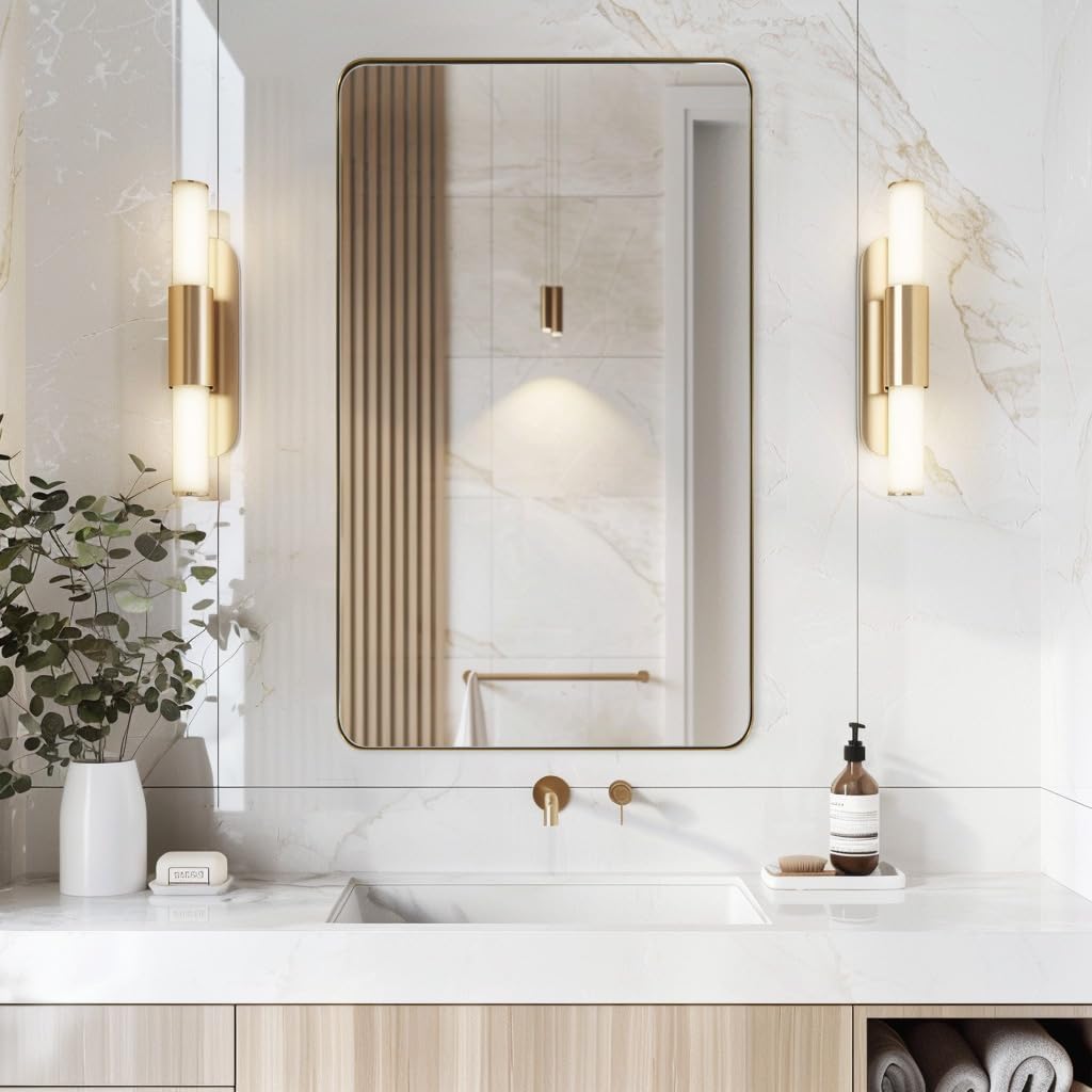 ANDY STAR 30"x48" Brass Gold Bathroom Mirror, Large Wall Mirror for Bathroom, Rounded Rectangle Mirror in Premium Stainless Steel Metal Frame Hangs Horizontal Or Vertical (Brushed Gold)