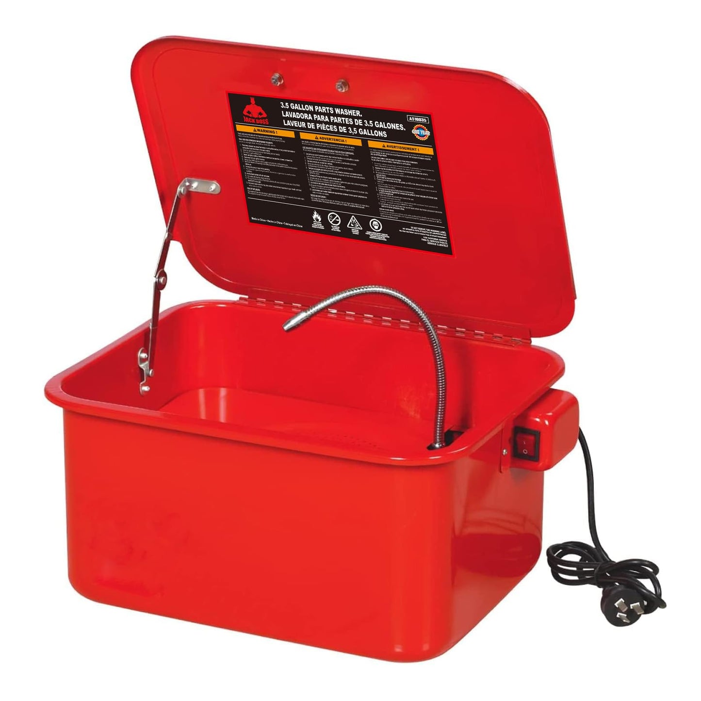Jack Boss 3.5 Gallon Capacity Portable Steel Cabinet Parts Washer with 110V Electric Pump for Wheel Bearings, Gears, and carburetors, Red