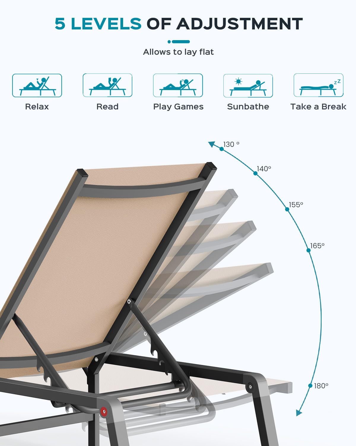 Aluminum Chaise Lounge Ourdoor - Foldable & Assemble Free Outdoor Lounge Chair with 5 Adjustable Backrest, Patio Lounge Chair for Outside Poolside Beach Pool, Khaki
