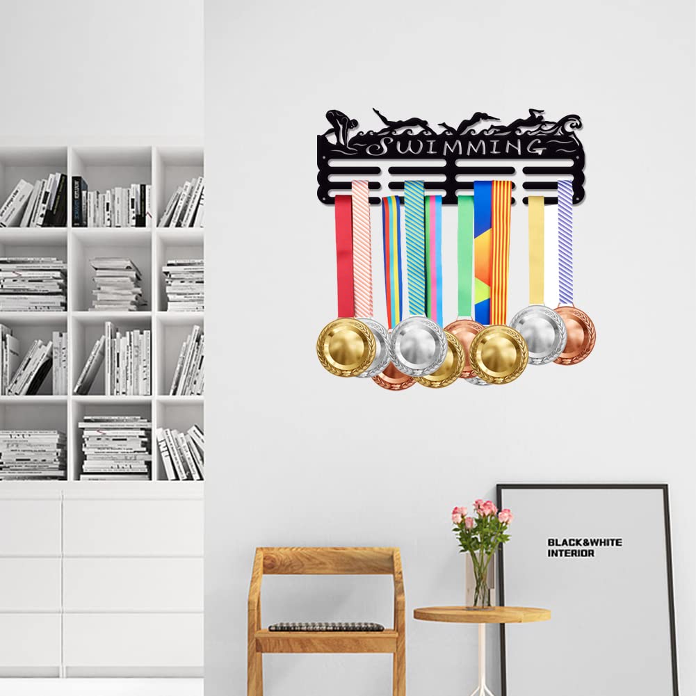 SUPERDANT Swimming Medal Holder Display Hanger Rack Sports Metal Wall Mount Ribbon Award Holder Display Rack Swim Race Medal Hanging Organizer Gifts for Kids Athletes Swimmer 15.75x6in