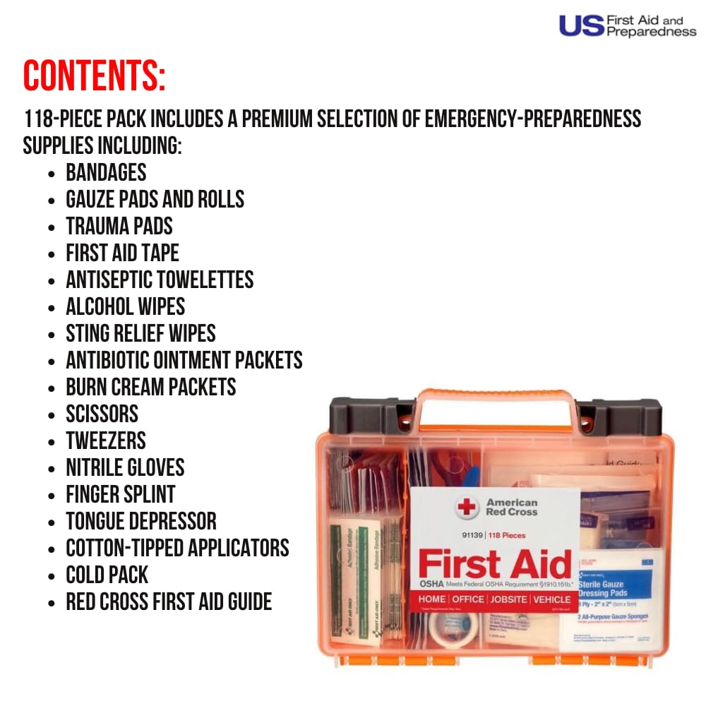 American Red Cross Officially Licensed Product, 25 Person First Aid Kit, 118 Piece Emergency Medical Supplies to Clean & Treat Minor Injuries, Hard Case Box for Home, Business, Job Site, Car