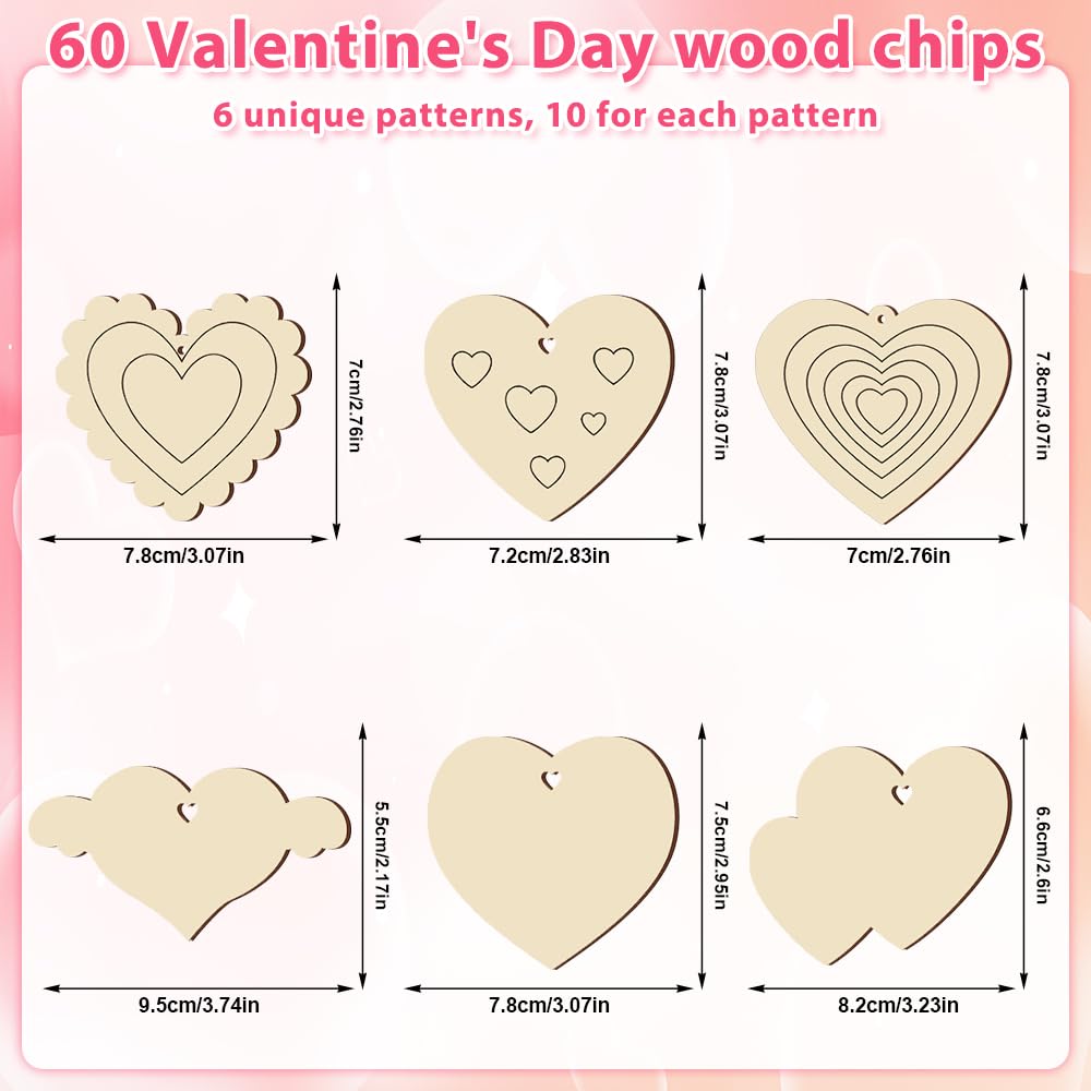 SDTHNT 60 PCS Unfinished Wooden Hearts for Crafts,Valentine's Day Ornaments Hanging Decorations, Unfinished Wood Heart Painting Craft Kit, DIY Valentines Crafts for Classroom Party Activities