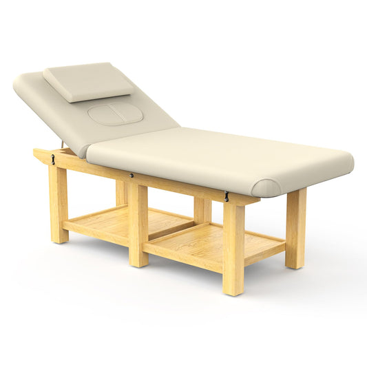 Wood Wide Stationary Massage Table for Treatment Table Physical Therapy Table Spa Facial Bed, PU Leather 31.5'' Wide 75'' Long Heavy Duty Professional Stationary Massage Bed - Beige Gray, 6-Legged