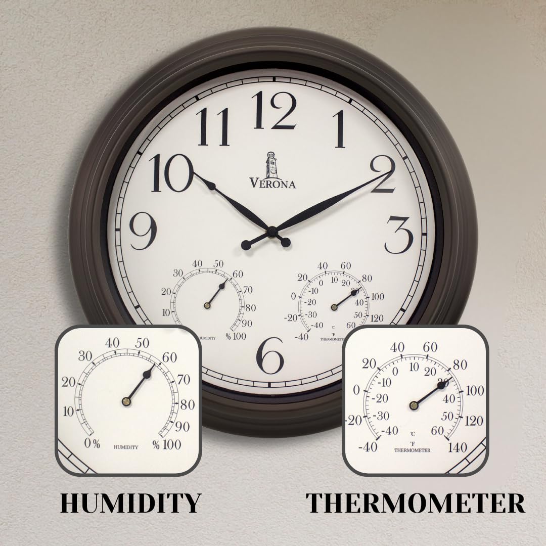 18 inch Outdoor Clocks for Patio Large Waterproof with Thermometer - Black Indoor Outdoor Clock with Temperature and Humidity for Wall - Weatherproof, Accurate & Easy to Read for Pool, Patio & Garden