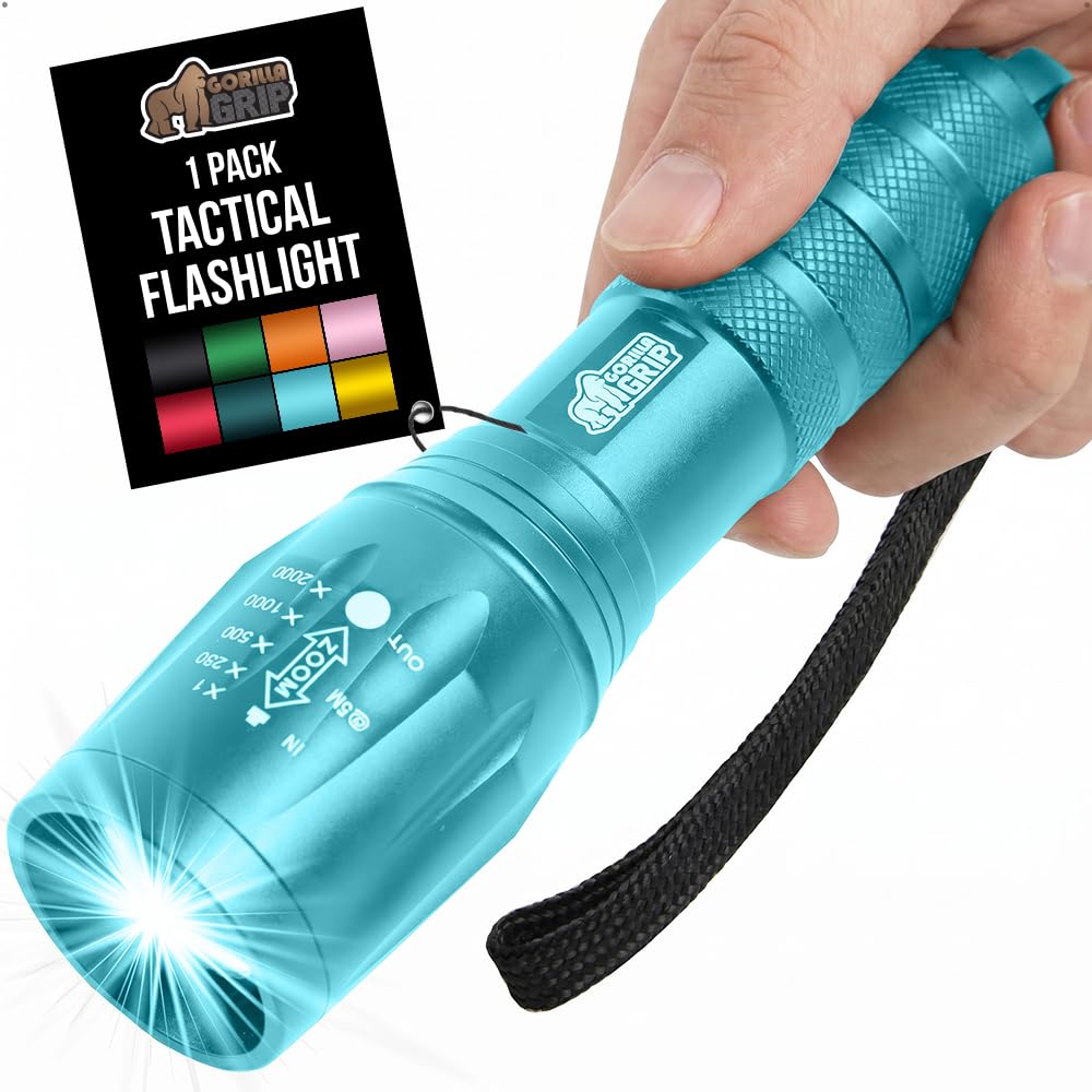 GORILLA GRIP Powerful LED Tactical Flashlight, 750 FT High Lumens 5 Adjustable Modes, Water Resistant, Ultra Bright Zoom Flashlights, Small Mini Flash Light, Camping, Night Dog Walking, Turquoise