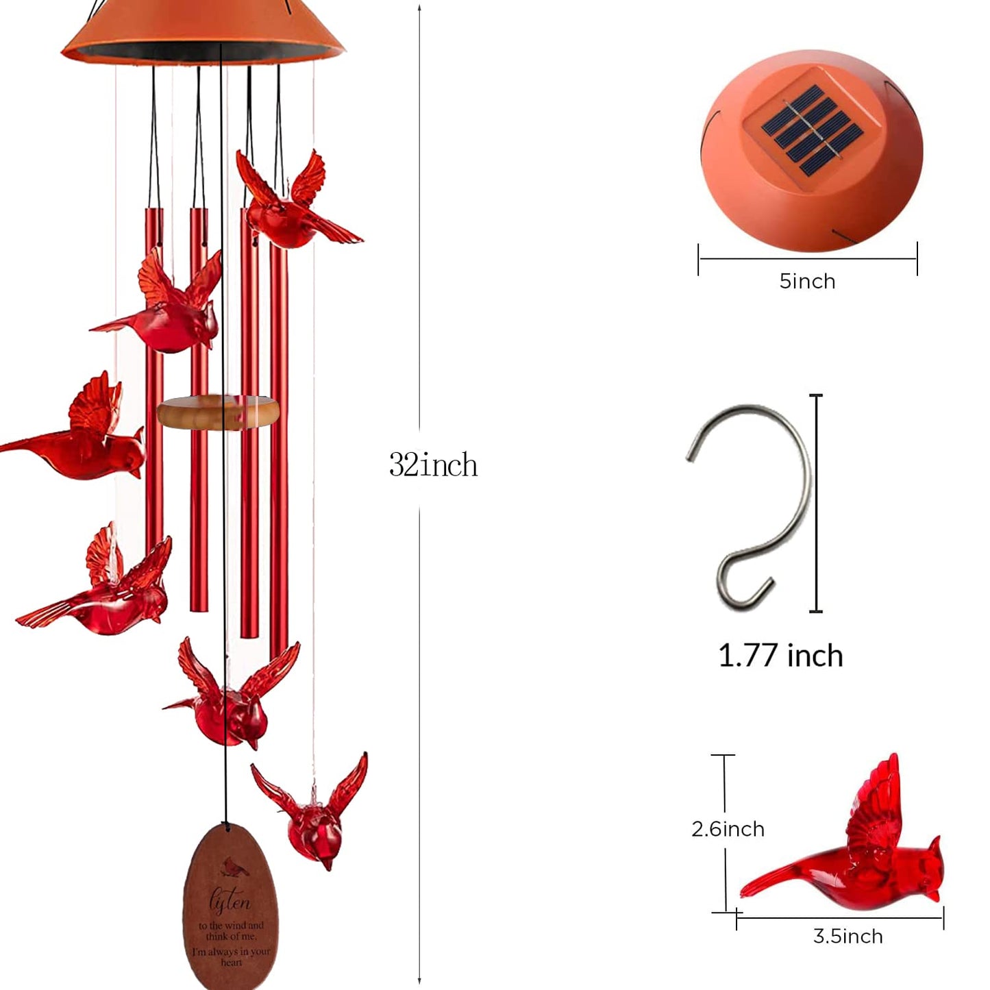 Solar Cardinal Wind Chimes Outdoor Solar Lights Cardinal Red Bird Windchimes Waterproof Hanging Decorations for Garden Patio,Gifts for Women Birthday Thanksgiving Party