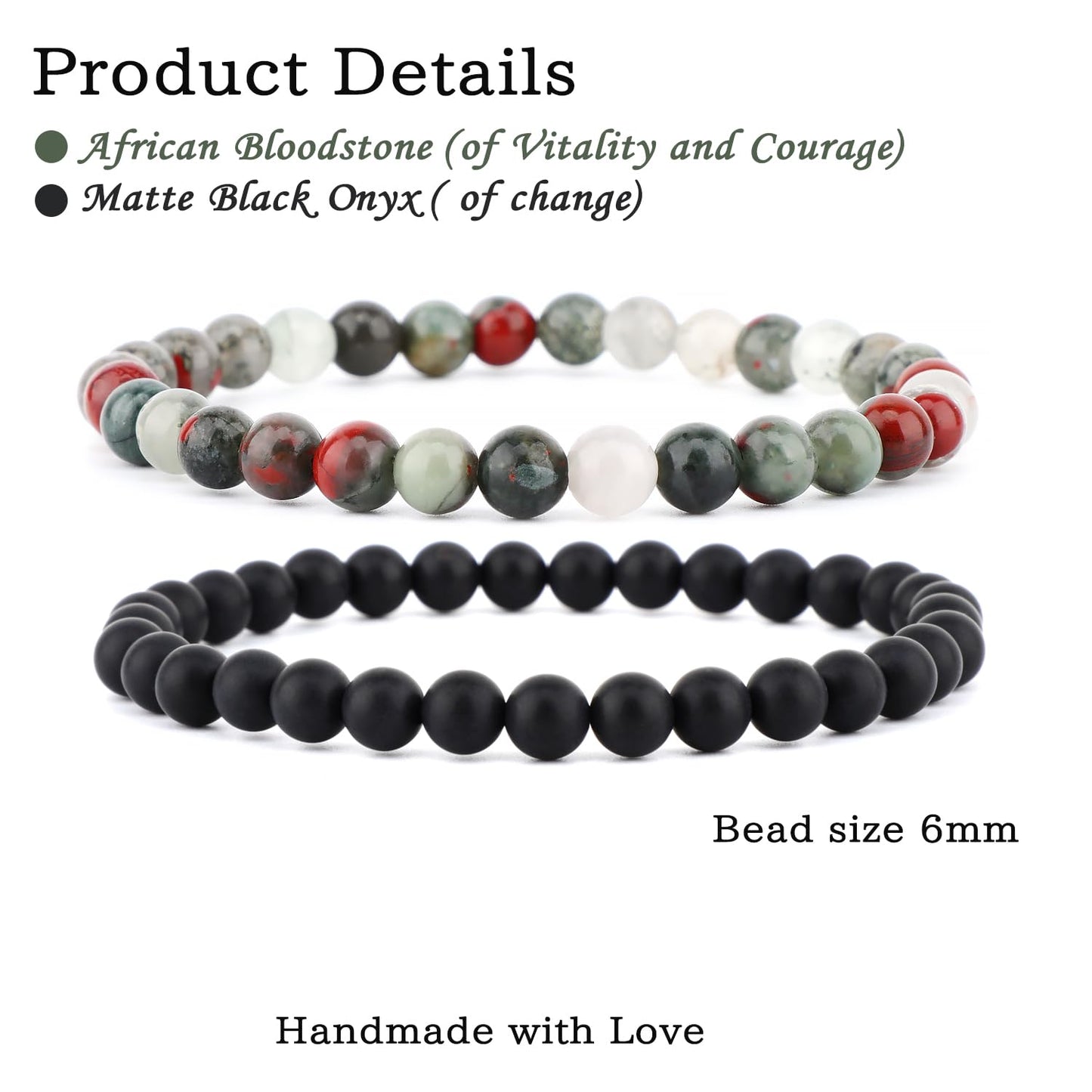 NCB 2-Piece 6mm Natural Crystal Gemstone Stretch Bracelets – ﻿African Bloodstone, Matte Black Agate Handmade Reiki Energy Healing Jewelry for Meditation,Yoga, Unisex