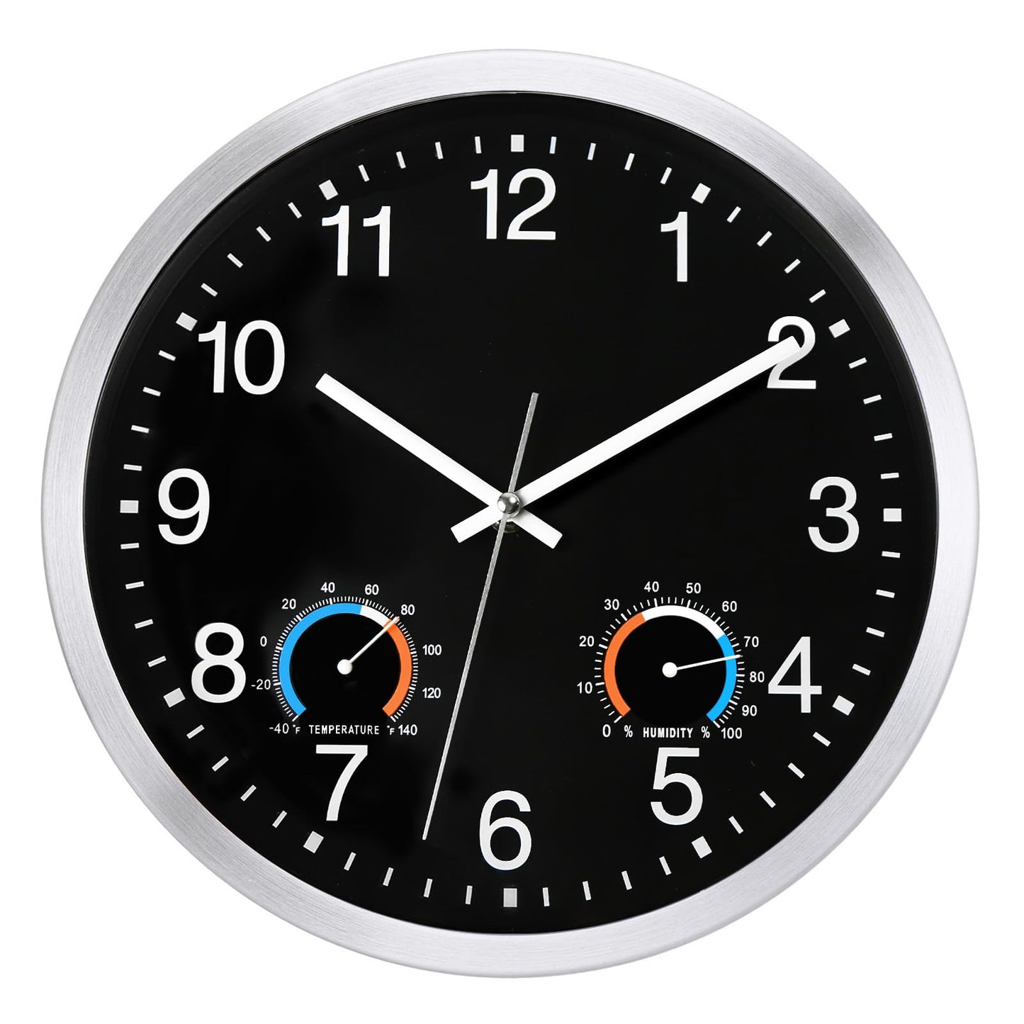 Caysie 12 Inch Indoor Outdoor Clocks Waterproof with Thermometer and Hygrometer Combo, Silent Battery Operated Quartz Metal Wall Clock for Patio Pool Bathroom Home (Black)