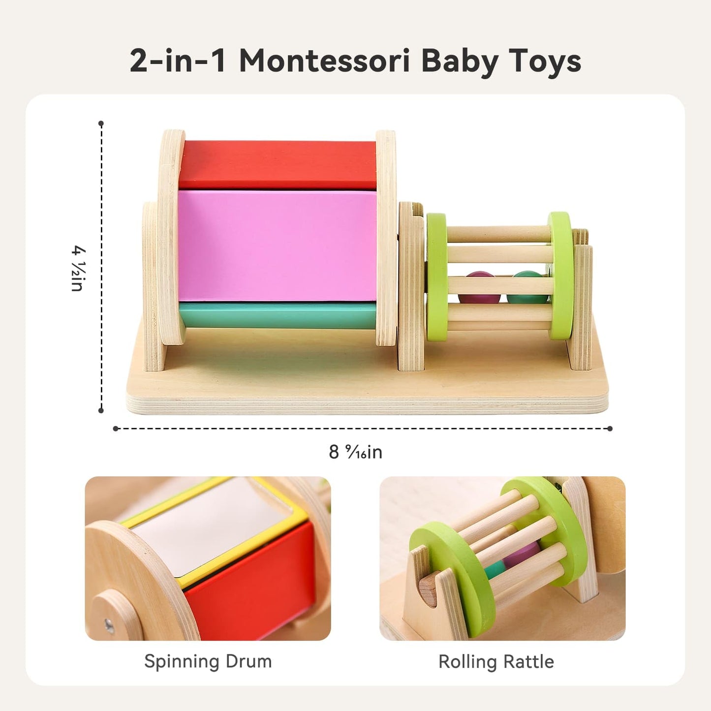 IEATFO Tummy Time Toys - Rain Stick Toy with Stand, Sensory Sound Training Tool for Kids - Wooden Spinning Drum & Rolling Rattle Combo