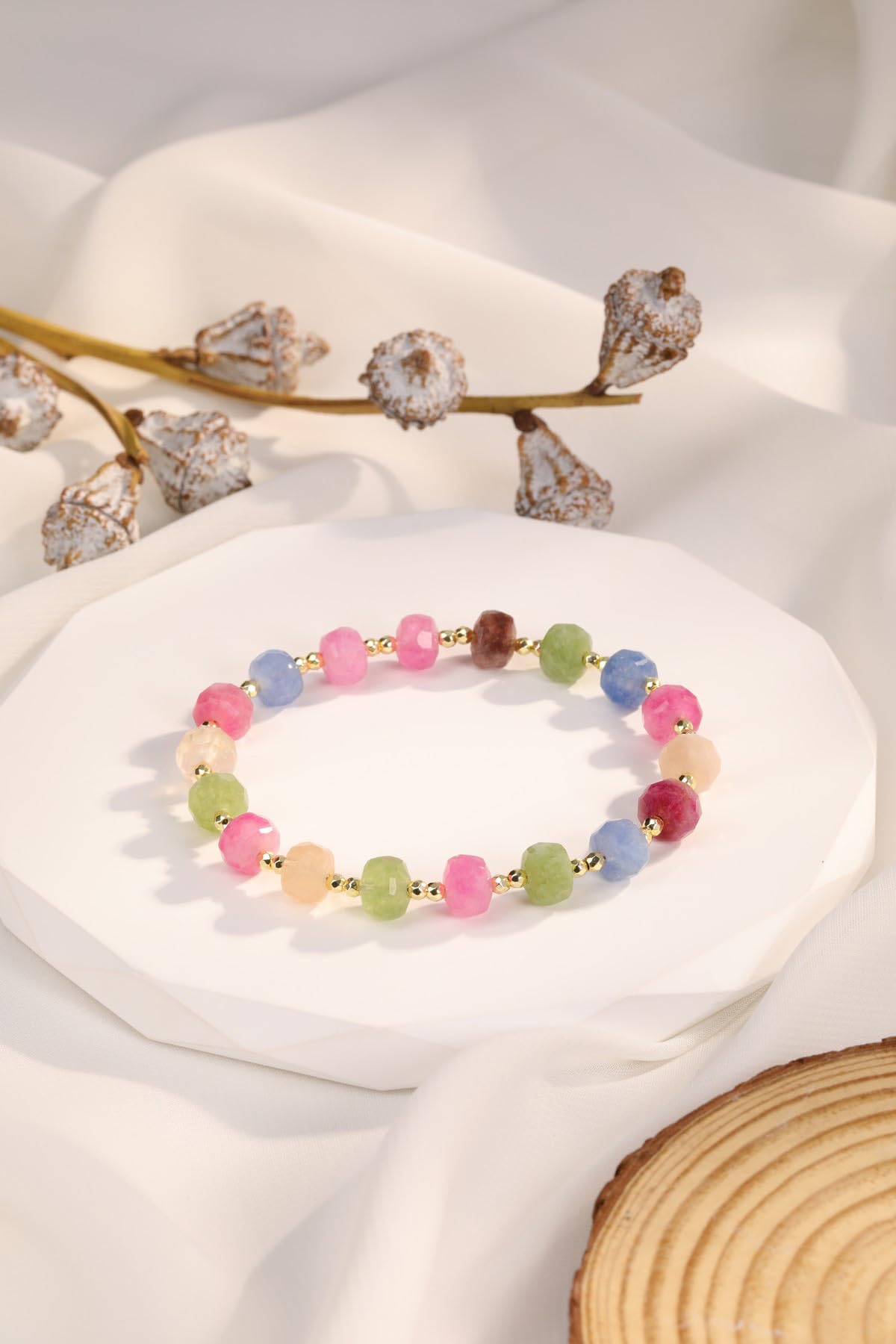Jovivi Rainbow Tourmaline Gemstone Beaded Bracelets for Women 14K Gold Plated Copper Faceted Abacus Beads Natural Healing Crystals Stone Stretch Bracelet Handmade Jewelry