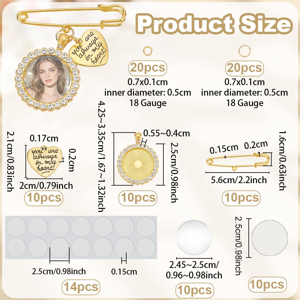 OLYCRAFT 10 Sets Gold Wedding Bouquet Photo Charm Pin Sublimation Blanks with Heart Pendant Round Pin Brooch Making Kit Bouquet Picture Charm DIY Pins Brooch Making Kit for Wedding Party Bridal