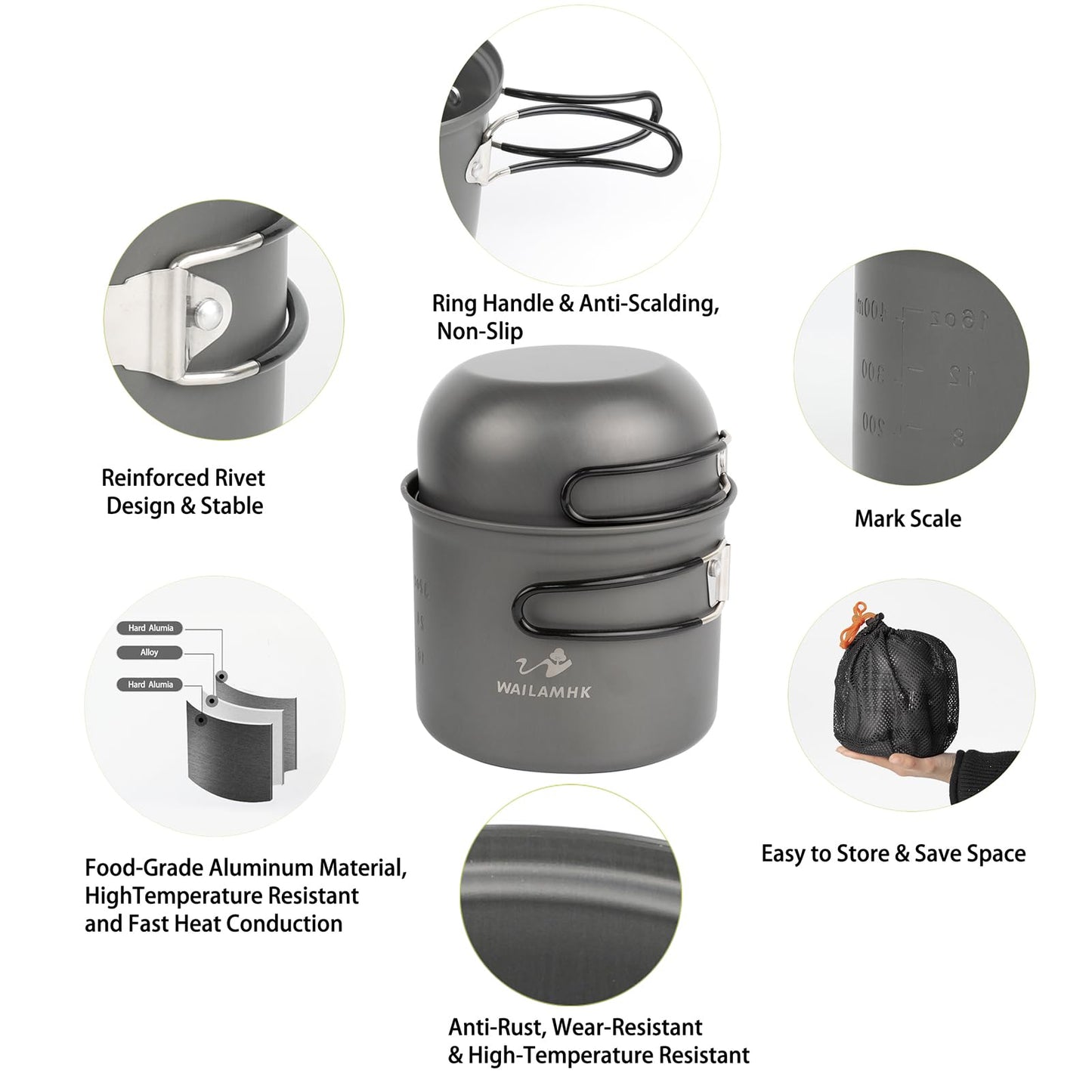 WAILAMHK Camping Cookware Mess Kit, 17 pcs Backpacking Cooking Gear, Lightweight Camping Pots and Stove Set for 3 Person, Outdoor Cooking Gear Ideal for Camping, Hiking, Backpacking and Picnic