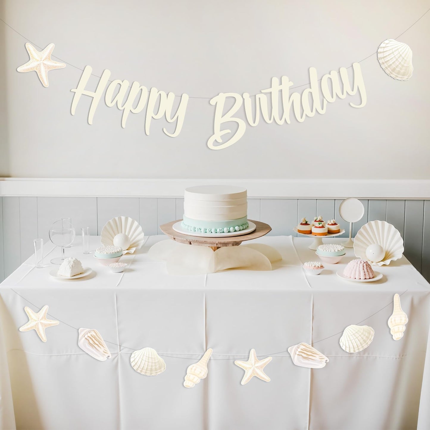 Kreatwow Sea Shell Happy Birthday Banner Beach Seashell Birthday Decorations Garland Beach Shell Party Decorations Ocean Themed Costal Seashell Starfish Party Under The Sea Mermaid Bday Decoration