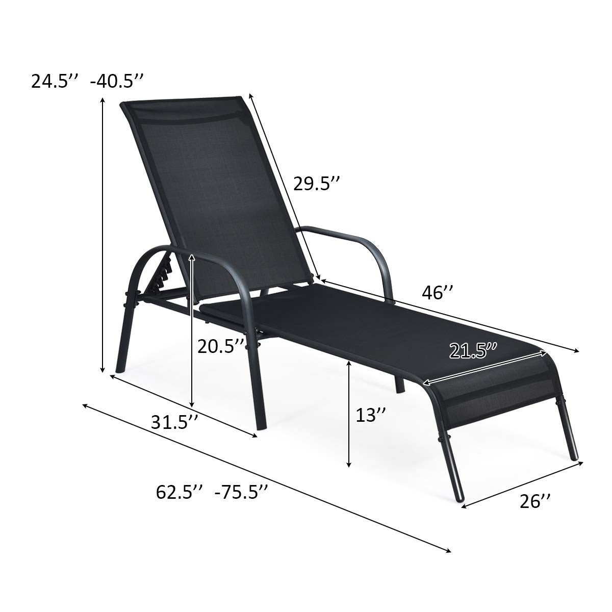 Giantex Patio Lounge Chair, Outdoor Chaise Lounge with 5 Adjustable Backrest, Sturdy Steel Frame, Sunbathing Recliner, Beach Chair, Tanning Chair for Outside, Yard, Balcony, Pool Chairs, Black