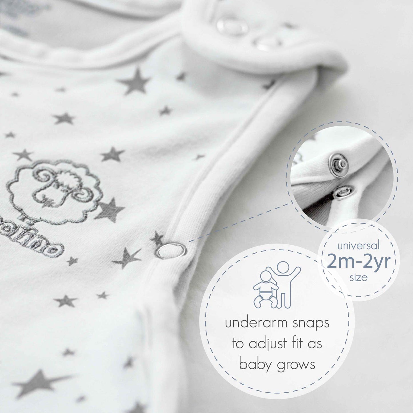 Woolino 4 Season Ultimate Baby Sleeping Bag - Merino Wool and Organic Cotton - Universal Size Adjustable Sleep Sack for Baby - Two-Way Zipper Sleeping Bag (2-24 Months) - Stars White