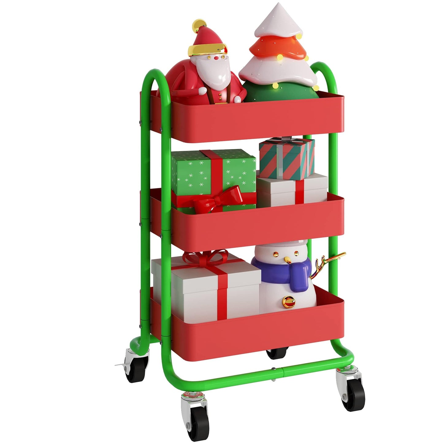 Elitehouse Metal Rolling Cart,3-Tier Metal Rolling Cart with Wheels,3 Tier Utility Cart with Wheels for Office,Home,Kitchen,Garden（13.4"x18.1"x31"） Red+Green