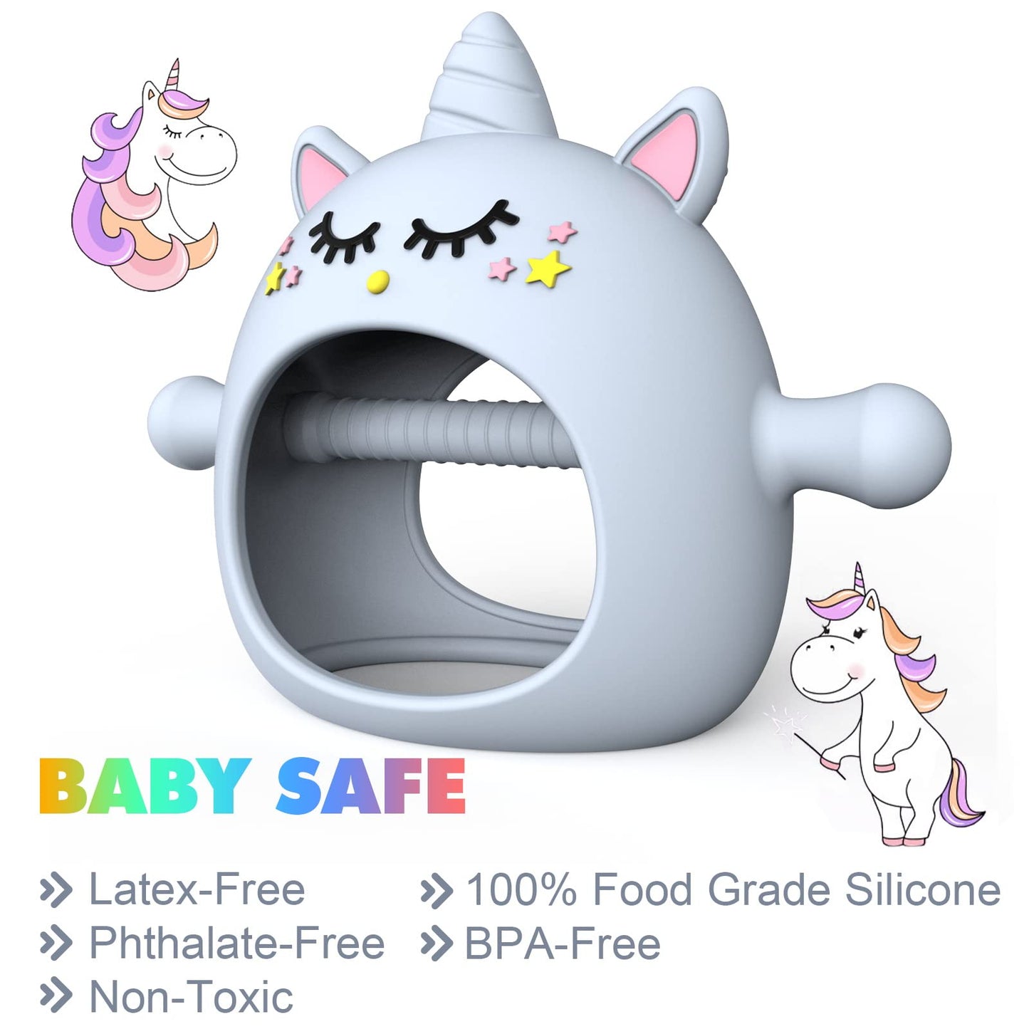Teething Toys for Babies 0-6 Months, Tinabless Unicorn Never Drop Silicone Teether for Babies 6-12 Months, Hand Pacifier for Breast Feeding Baby, Baby Chew Toys Freezer Safe for Newborn, Blue