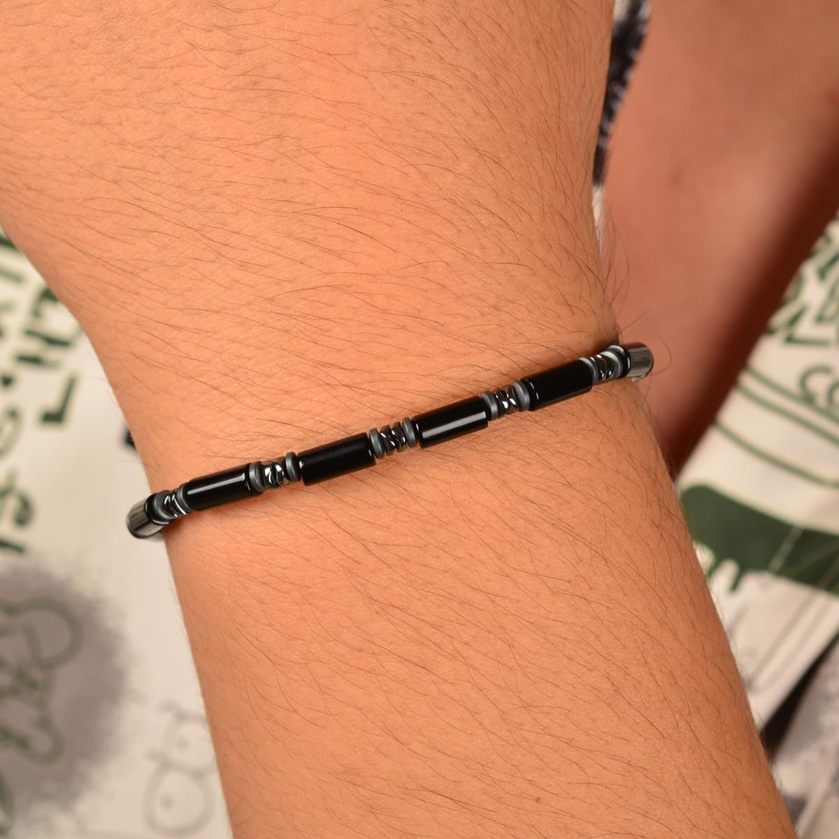 Casvia Midnight Fusion Men's Beaded Bracelet, Handcrafted Black Onyx & Hematite, Adjustable Dual-Clasp 6.89–8.8 Inches, Stackable Daily Wear, Birthday Gift for Men Dad Boyfriend