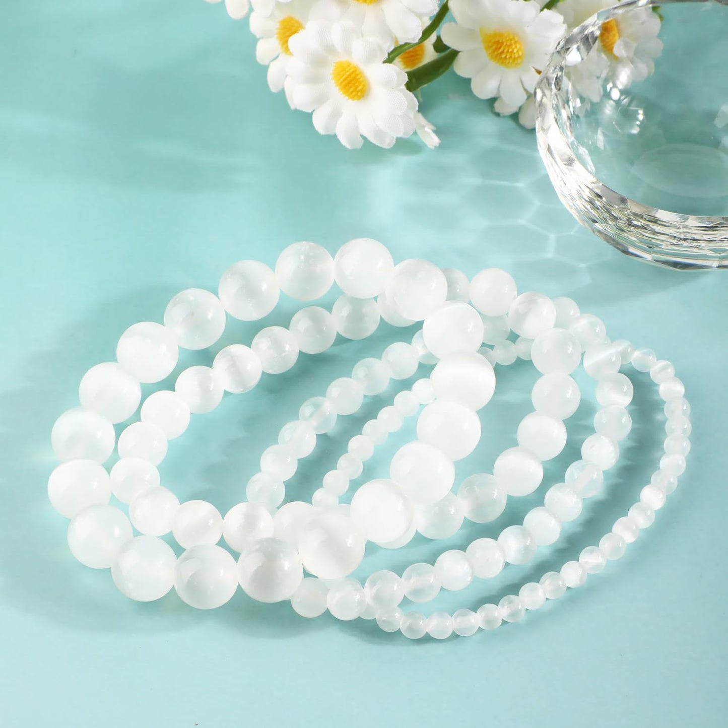 AD Beads 6mm Handmade Selenite crystal Elastic Bracelet – Natural Gemstone for Inspire treatments of body – Meditation, Yoga, Healing and Energy Gift for Men Women