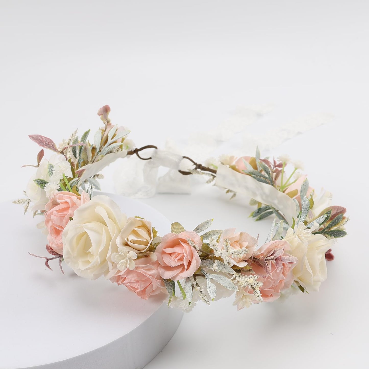PoshMyra Flower Crown for Girls Wedding Peach Floral Holo Hair Headpiece Bridal Wreath Bridemaid Crown Kids Garland Family Photo Shoots Prop Headband for Women Maternity Wreath for Poppy Dogs