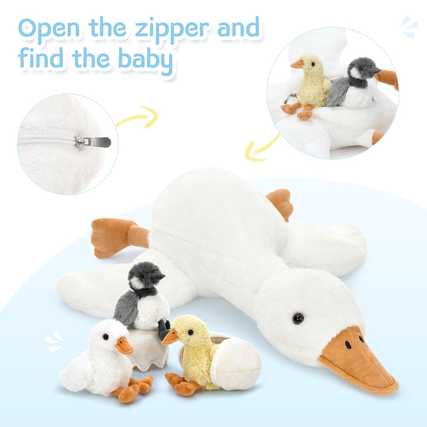 Tezituor Goose Stuffed Animal with Babies&Eggs, 23.6" Large Goose Plush Hugging Pillow Soft Swan Plushies Toys Birthday Christmas for Kids Boys Girls