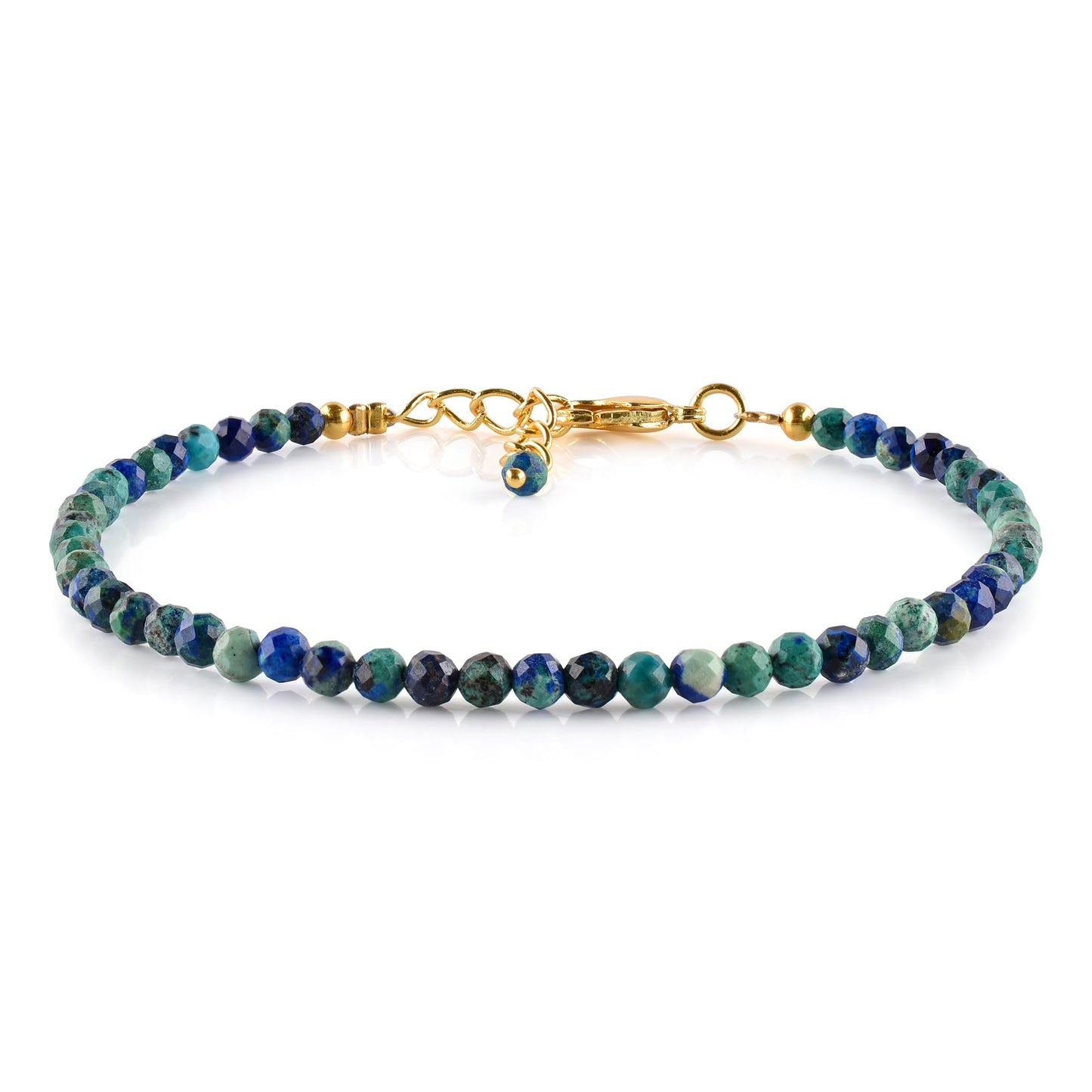 Natural Azurite Gemstone Micro Beads Dainty Bracelet Jewelry for Women, Chakra Energy Crystals, 14k Gold Plated Chain 8 inch Adjustable