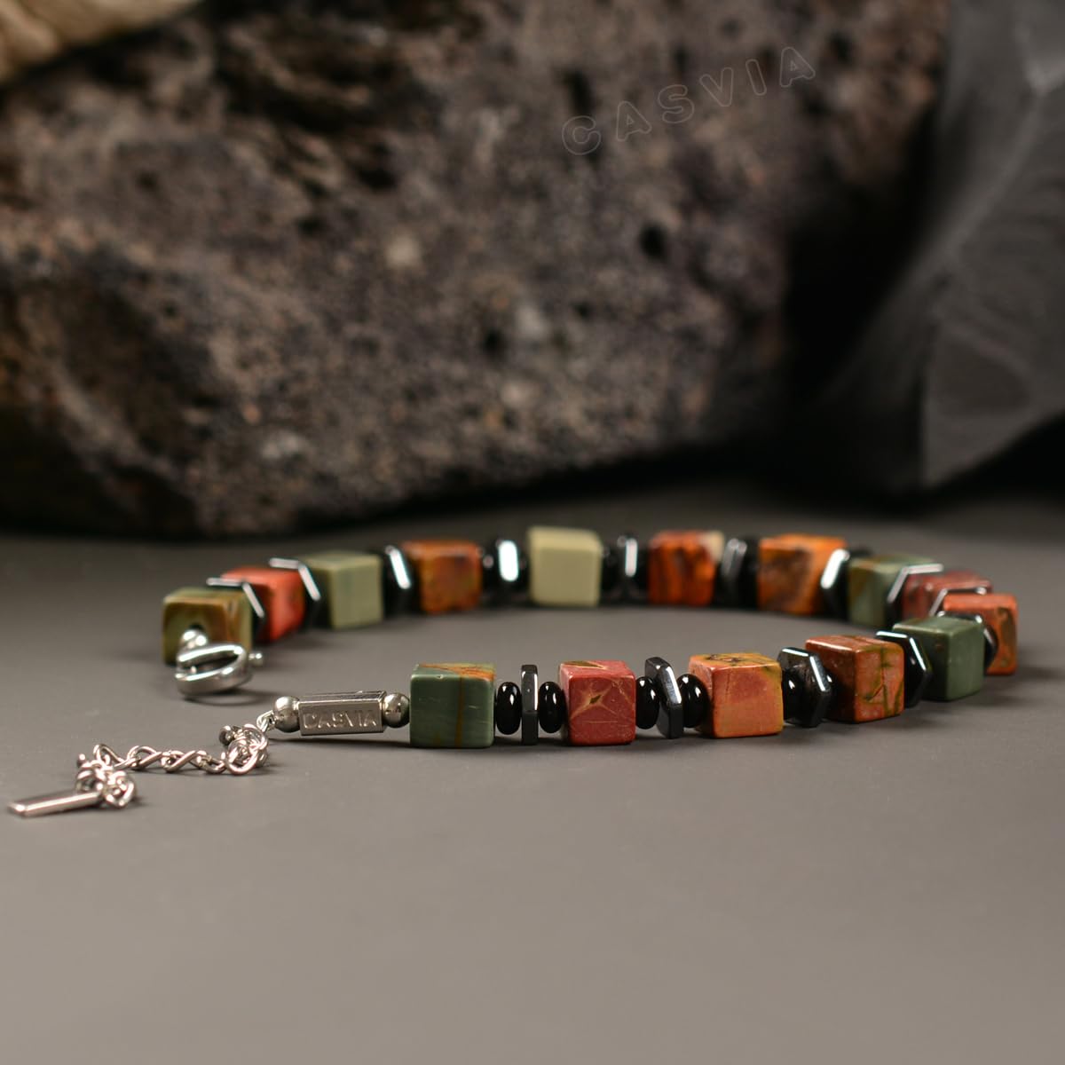 Casvia original beaded bracelets for men Picasso jasper mens bracelet with hematite and black onyx spacers stainless steel adjustable chain Handmade Viking style Great for yourself or friends