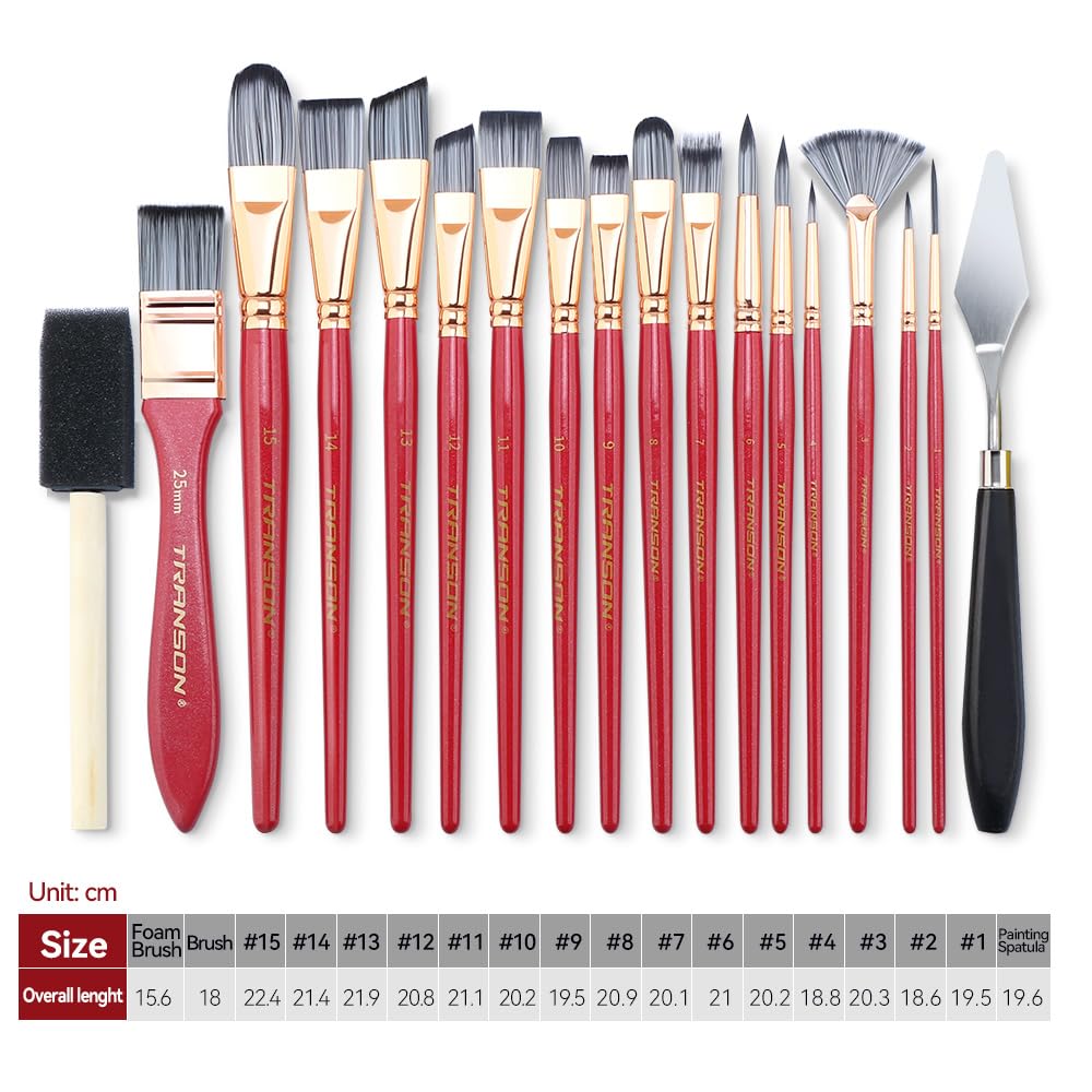 Transon 20Pcs Art Paint Brush Kit with Storage Case, 16 Brushes + Foam Brush Spatula Sponge for Acrylic Oil Watercolor Gouache, Adults Teens Beginners Art Supplies