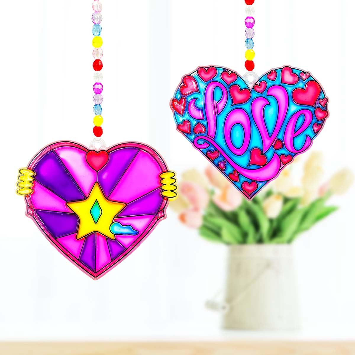 AUEKIV 30 Sets Valentine's Heart Suncatchers Craft DIY Kit Window Paint Art Suncatchers Valentine's Day Heart Sun Catcher Art Crafts Supplies for Valentine Gift Exchange Classroom Activities
